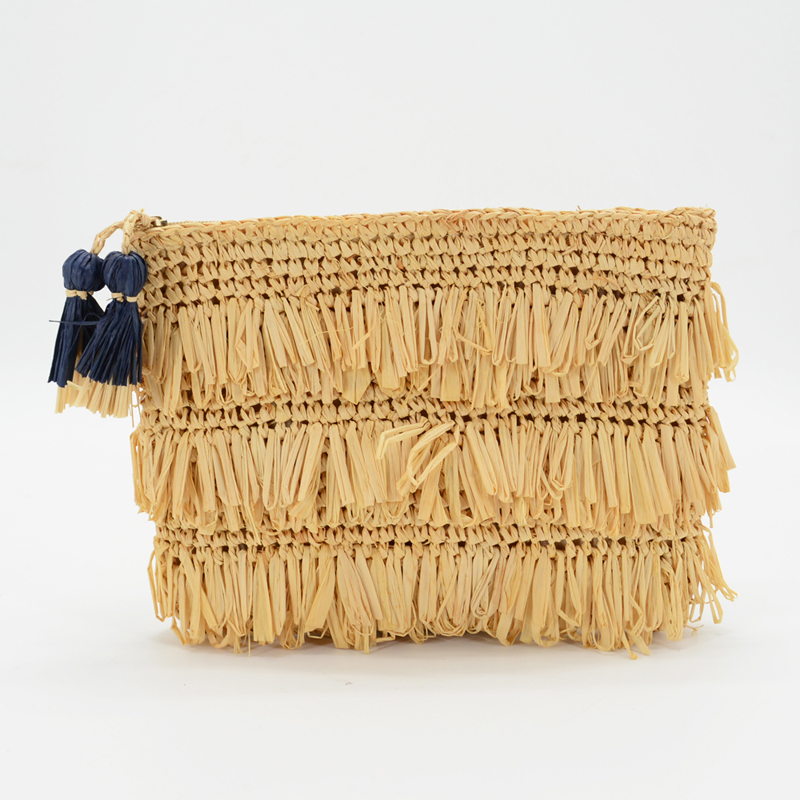 Fringe raffia clutch with zipper closure