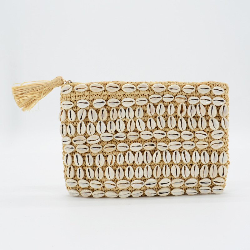 Natural Cream Raffia Clutch, Tassel Clutch, Shell Embellishment, Boho Clutch