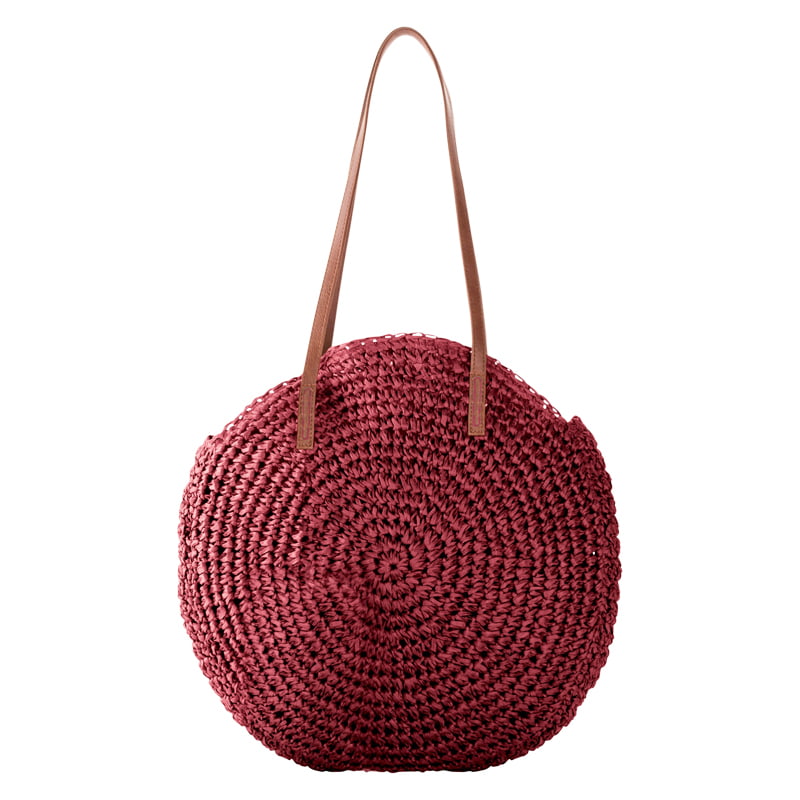 Red Wine Round Straw Shoulder Bag