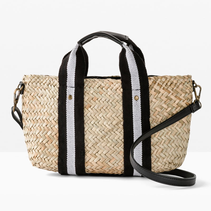 pom poms sea grass straw tote