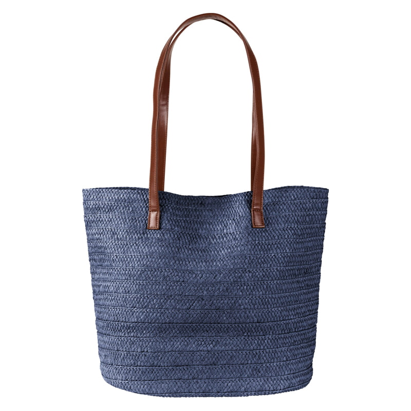 Navy Straw Paper Braid Tote Bag