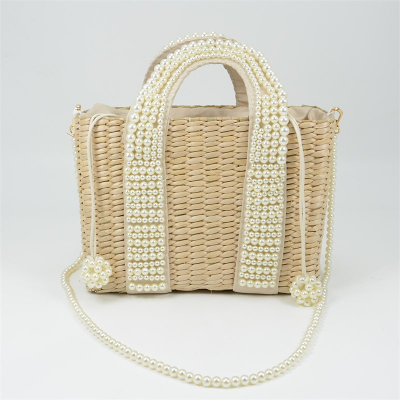 Natural Rush Straw Tote Bag with Pearl Strap