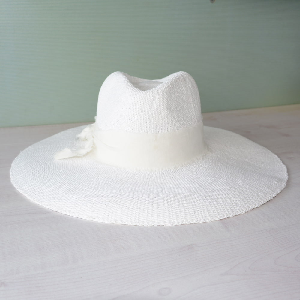 Wide Brim White Toyo Straw Hat with Fabric Trim