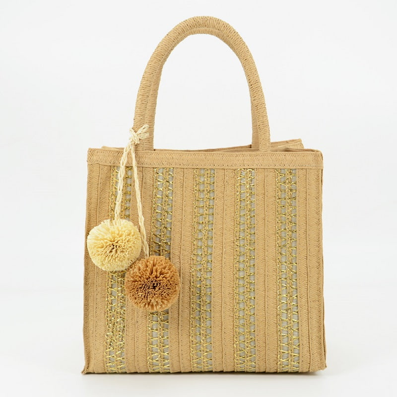 Metallic Straw Tote with Pom Poms