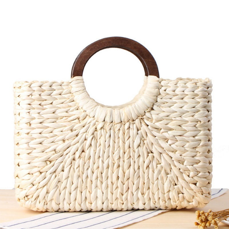 Handmade Wooden Handle Straw Woven Bag