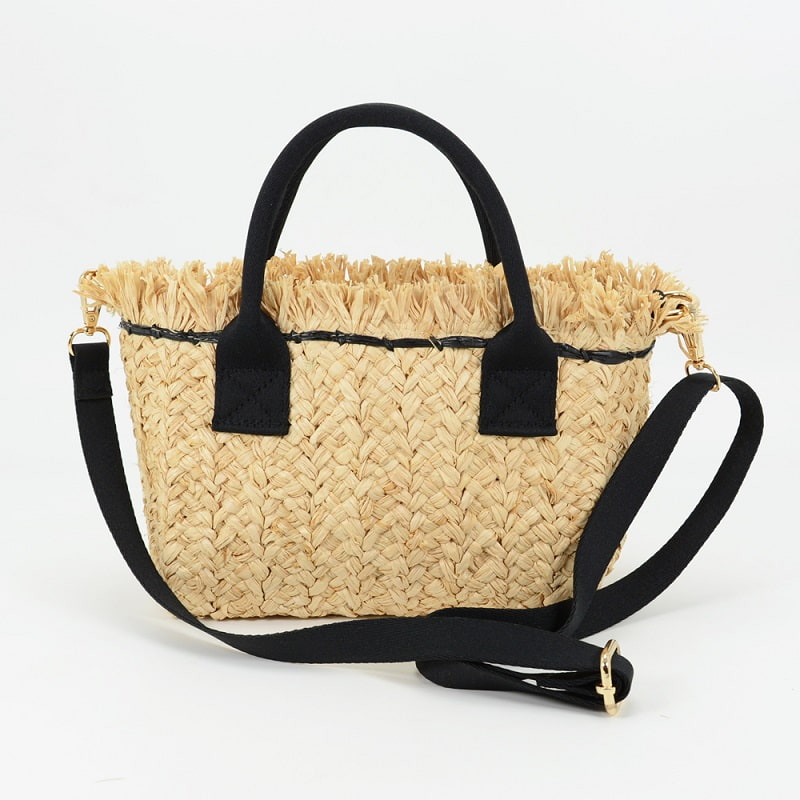 Small Raffia Tote with Black Handles