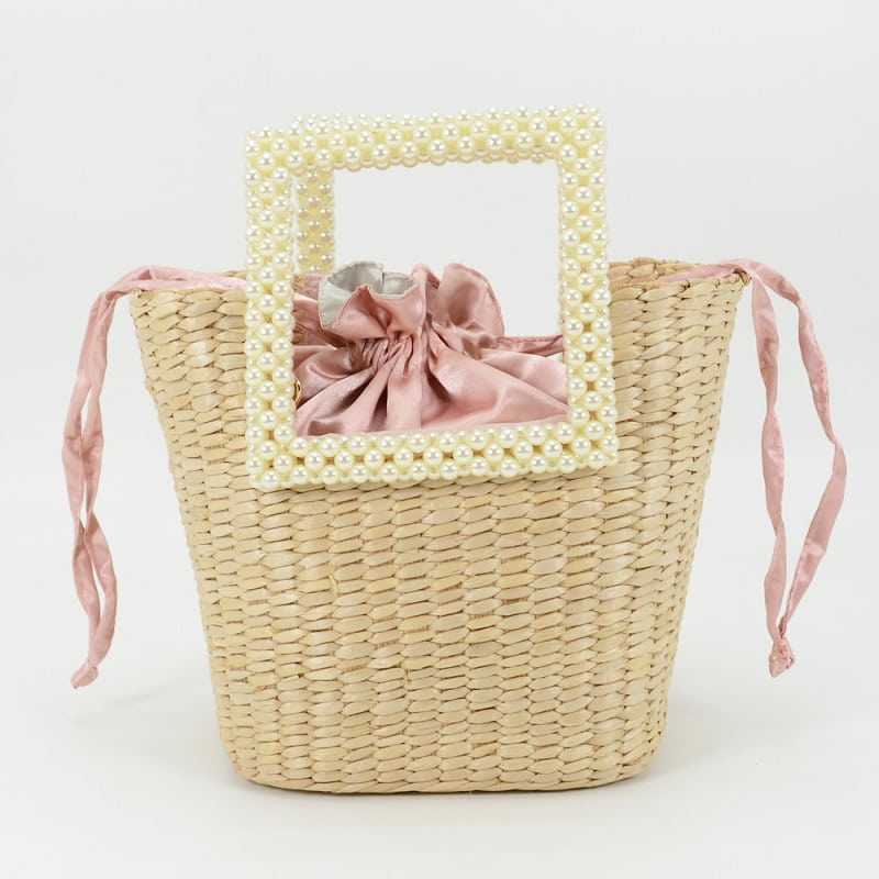 Rush Straw Tote Bag with Pearl Handles