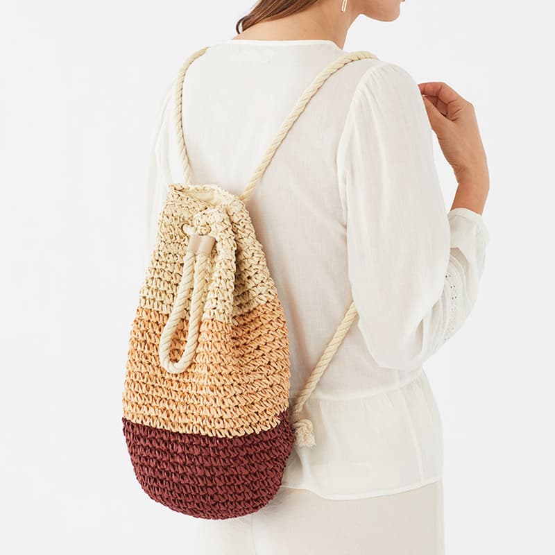 Crocheted woven paper straw backpack 