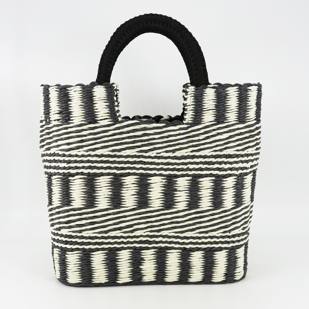 Black and White Striped Straw Tote