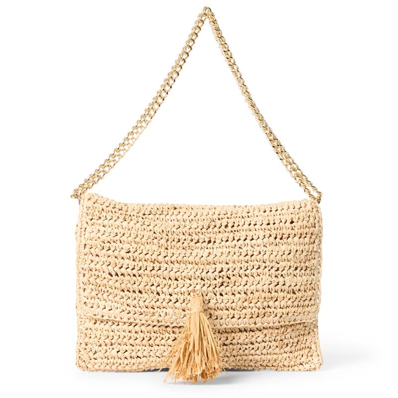 Flap over bag with chain and front tassel in raffia 