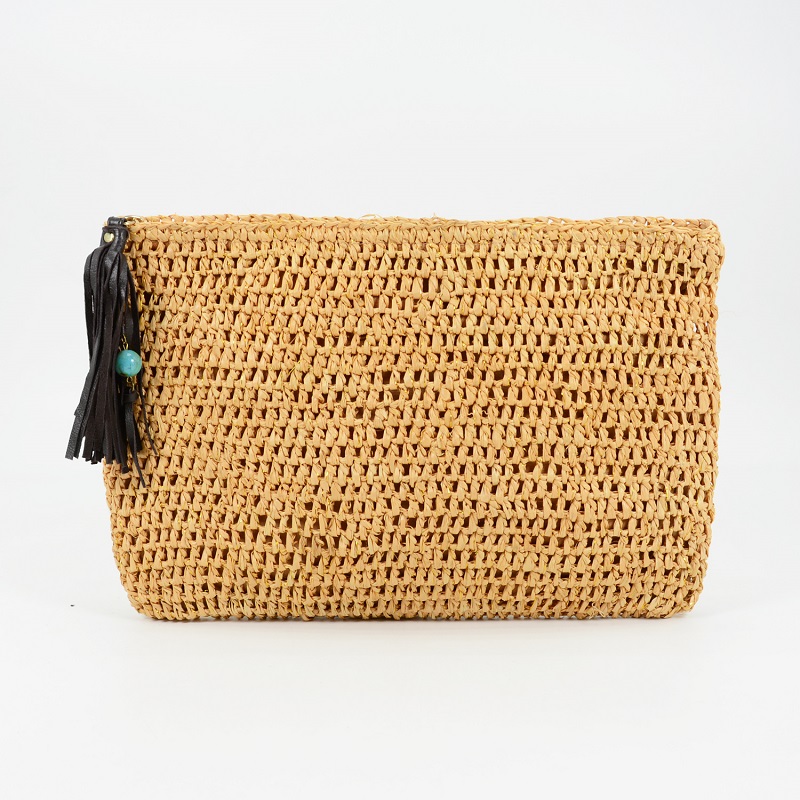 raffia clutch with leather tassels