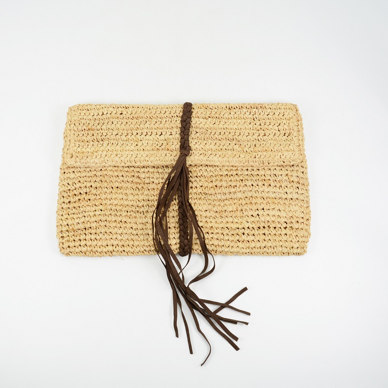 Straw raffia crochet clutch with braid trim