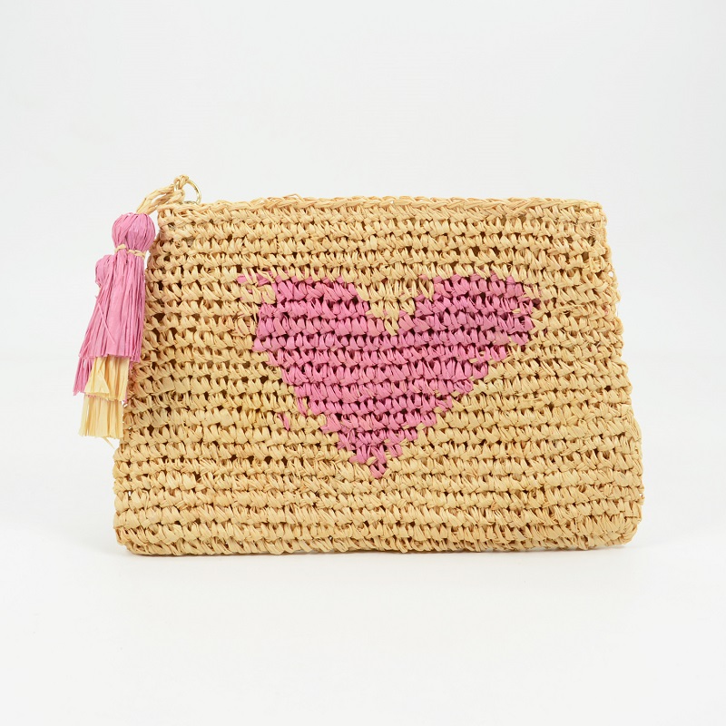 small heart raffia zip pouch