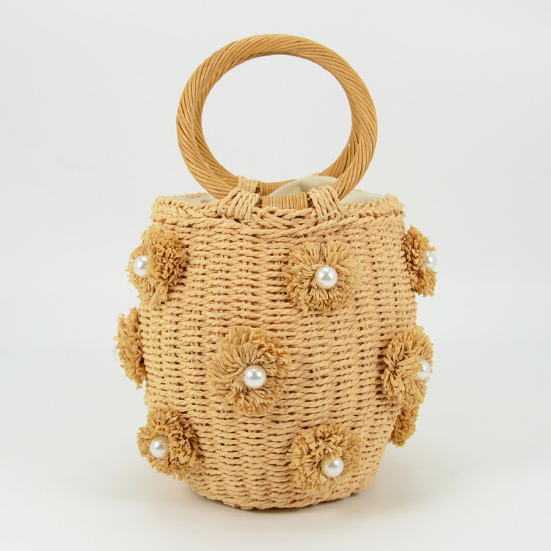 Pearl Straw Tote Bag with Rattan Ring Handles