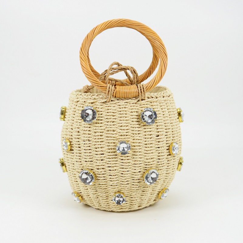 Diamond Straw Tote Bag with Rattan Ring Handles