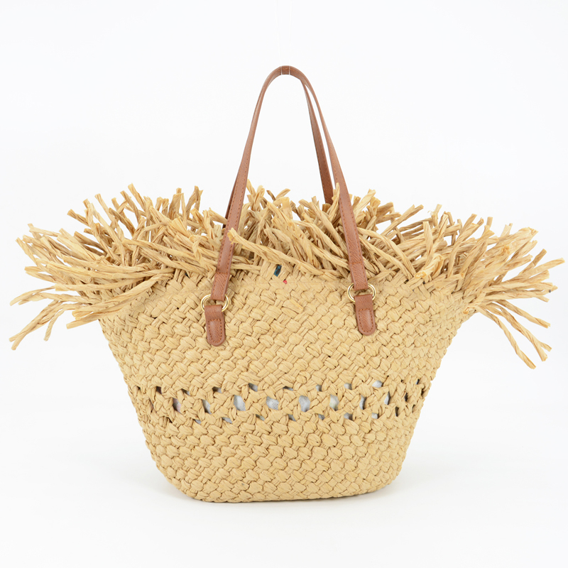 Hand crocheted straw bag with fringes
