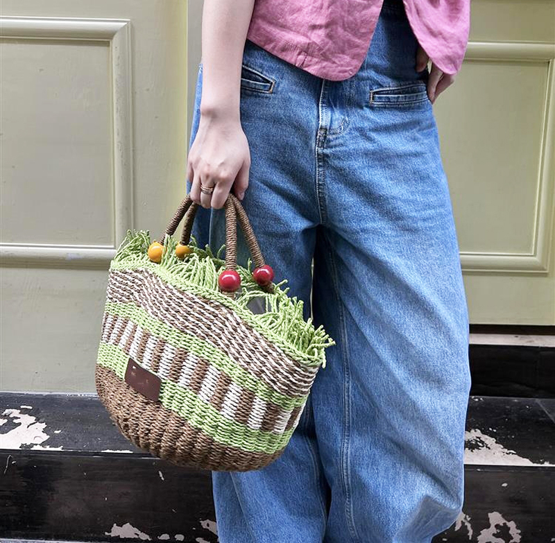 Green Straw Market Tote with Tassels