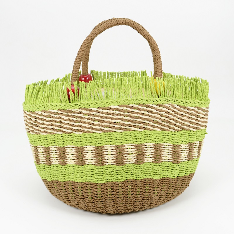 Green Straw Market Tote with Tassels