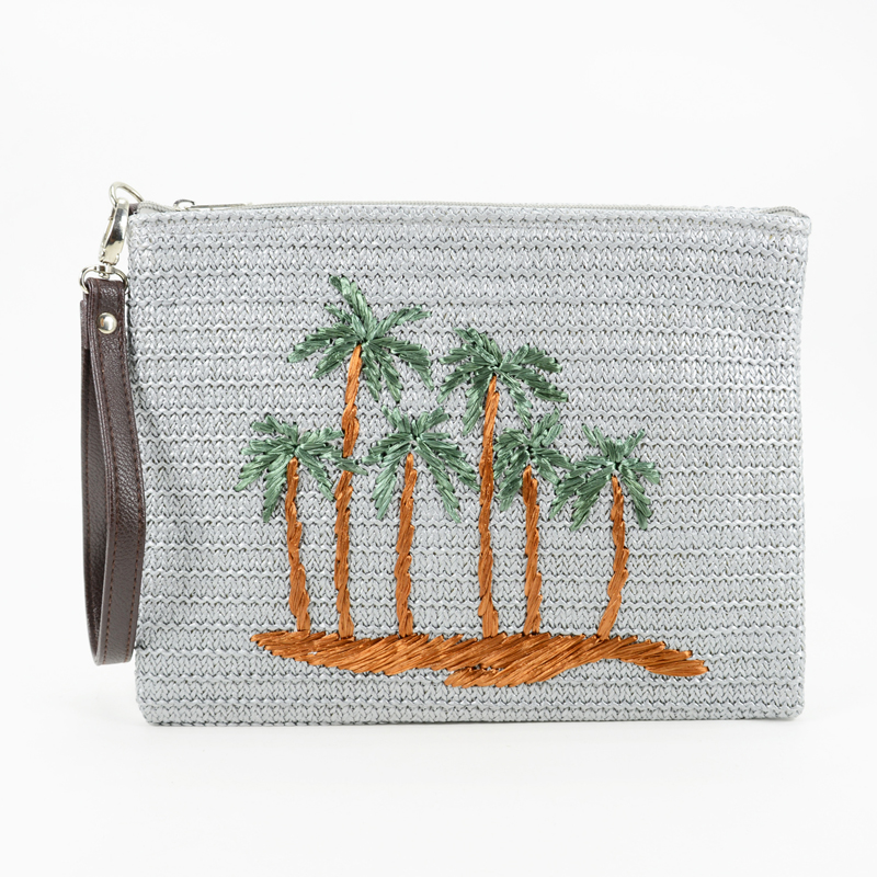 Palm tree embroidery straw clutch bag
