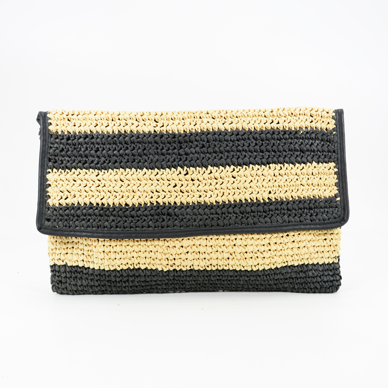 Straw Striped Raffia Clutch in black and beige