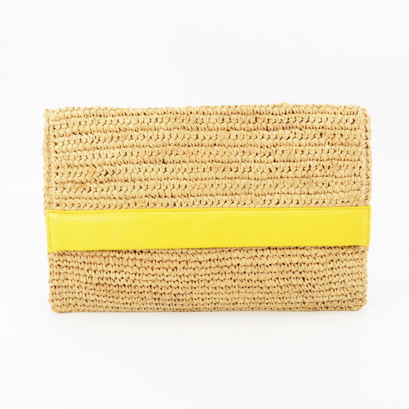 Natural Raffia Clutch with Yellow Leather Trimmings