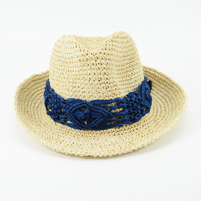 Straw Fedora Hat with Macrame Trim