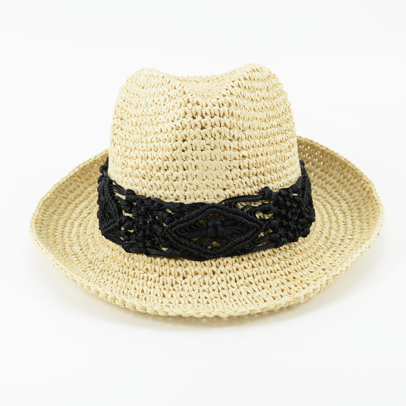 Straw Fedora Hat with Macrame Trim