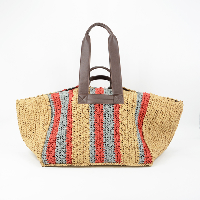 Large Woven Straw Bag Striped Design