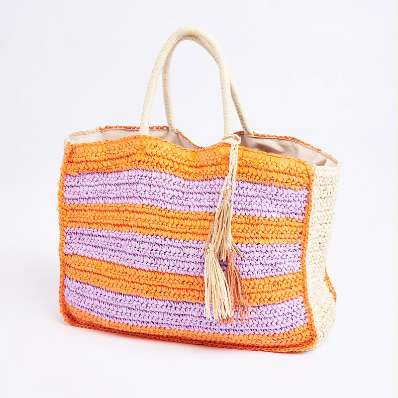 Large Straw Tote Striped Design Pom Poms