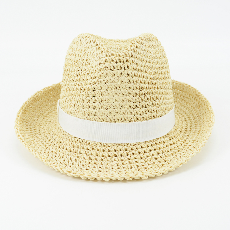 Straw Fedora hat with White Ribbon Band 