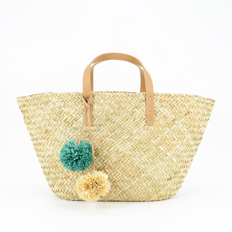 pom poms handwoven large seagrass tote