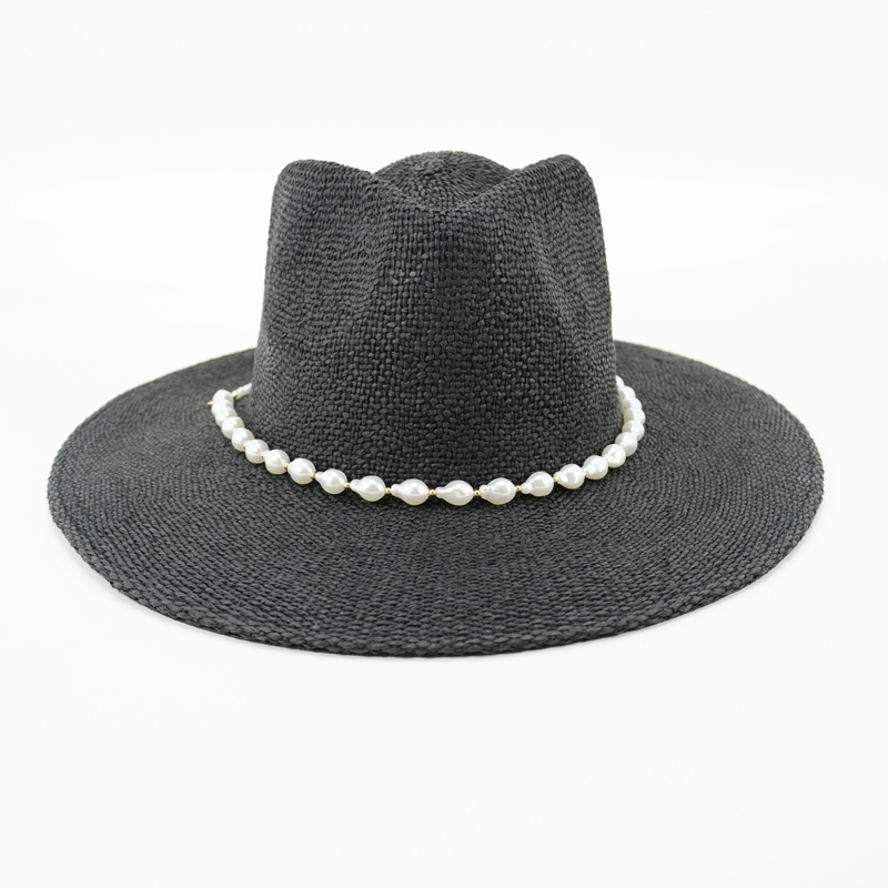 Black Straw Hat with Pearl Trimming
