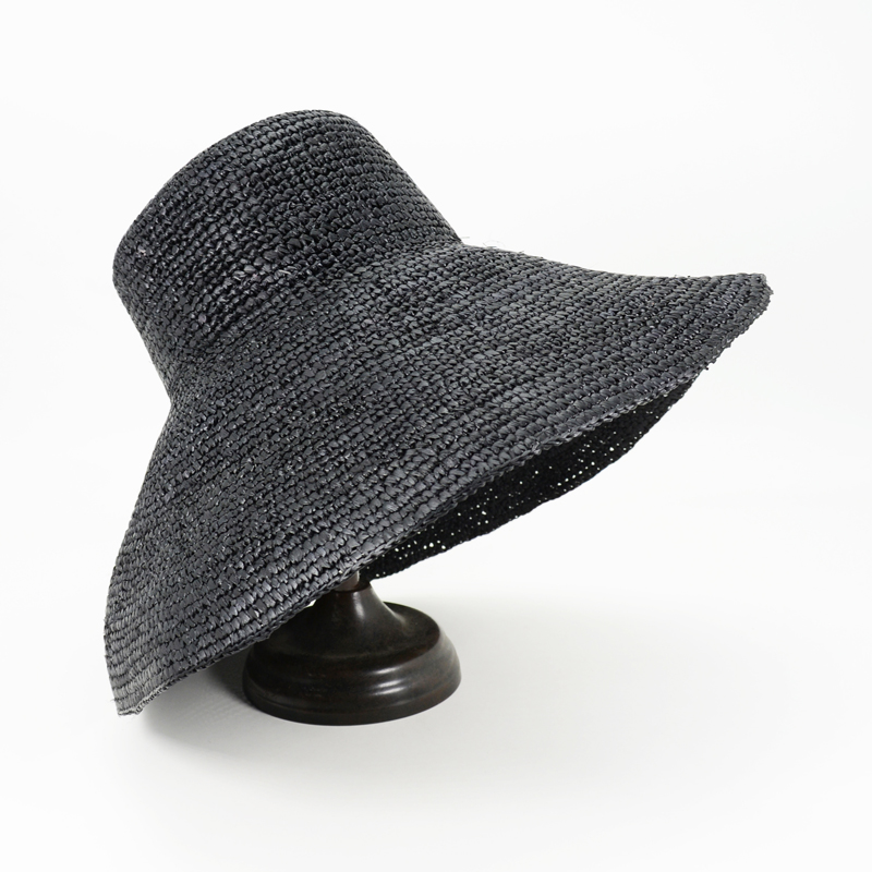 Wide Brim Raffia Bucket Hat-Black