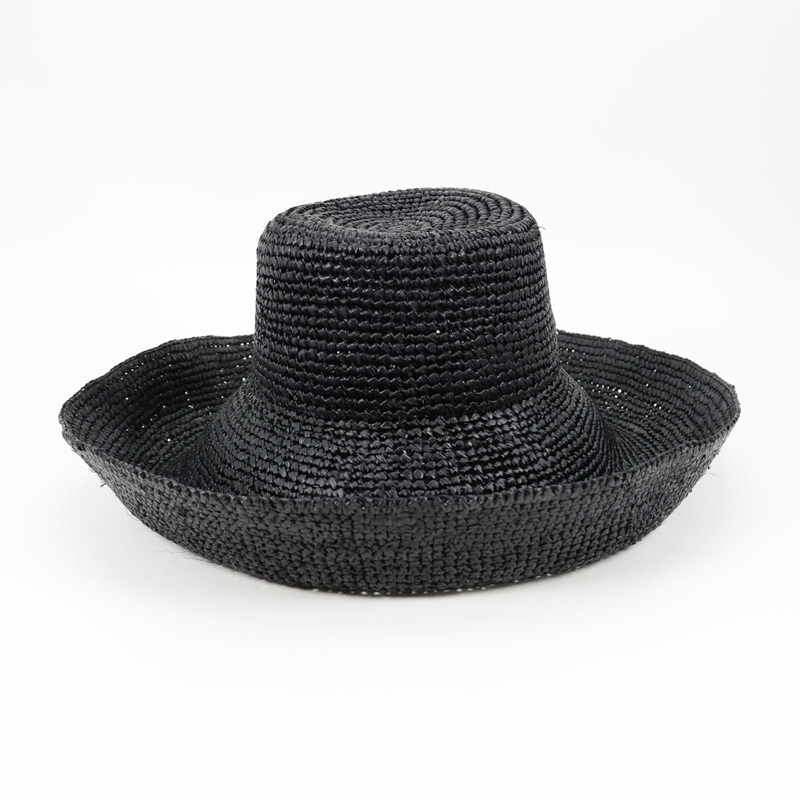 Wide Brim Raffia Bucket Hat-Black