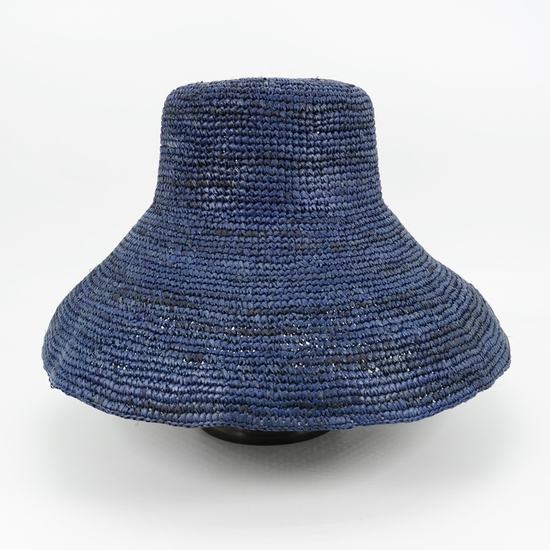 Wide Brim Raffia Bucket Hat-Navy