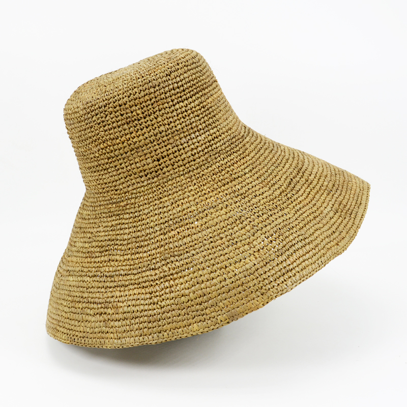 Wide Brim Raffia Bucket Hat-Khaki