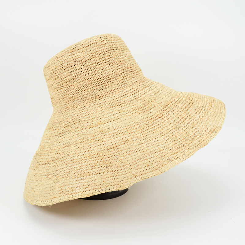 Wide Brim Raffia Bucket Hat-Natural