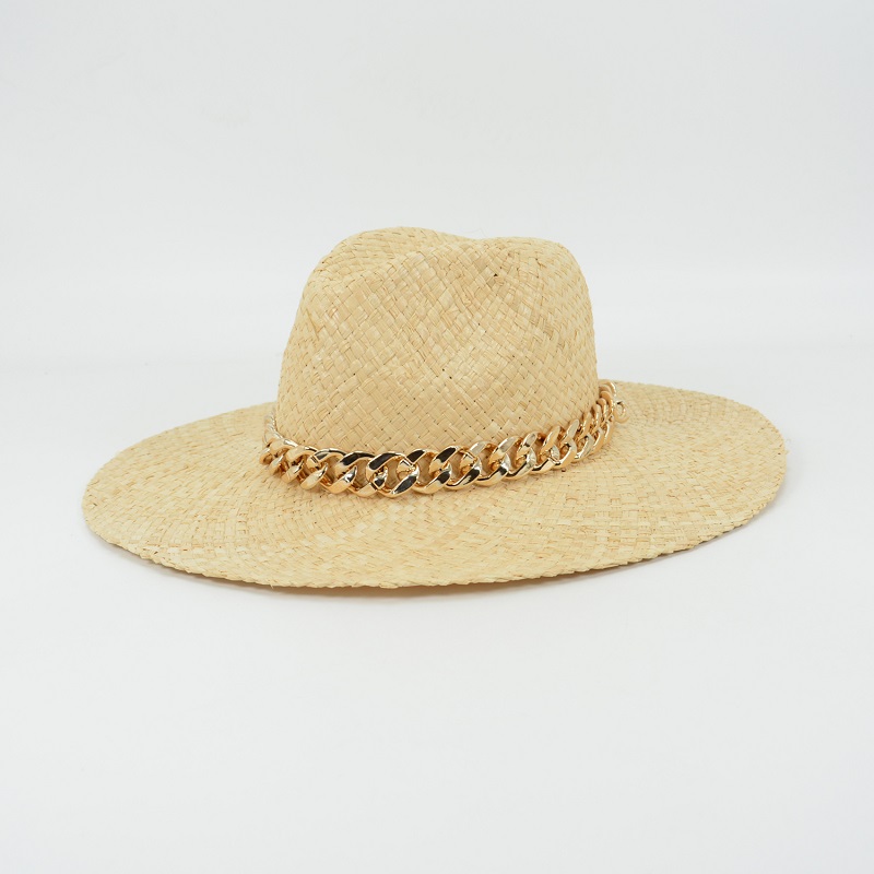 Lightweight Raffia Straw Panama Hat with Gold Chain Trimming