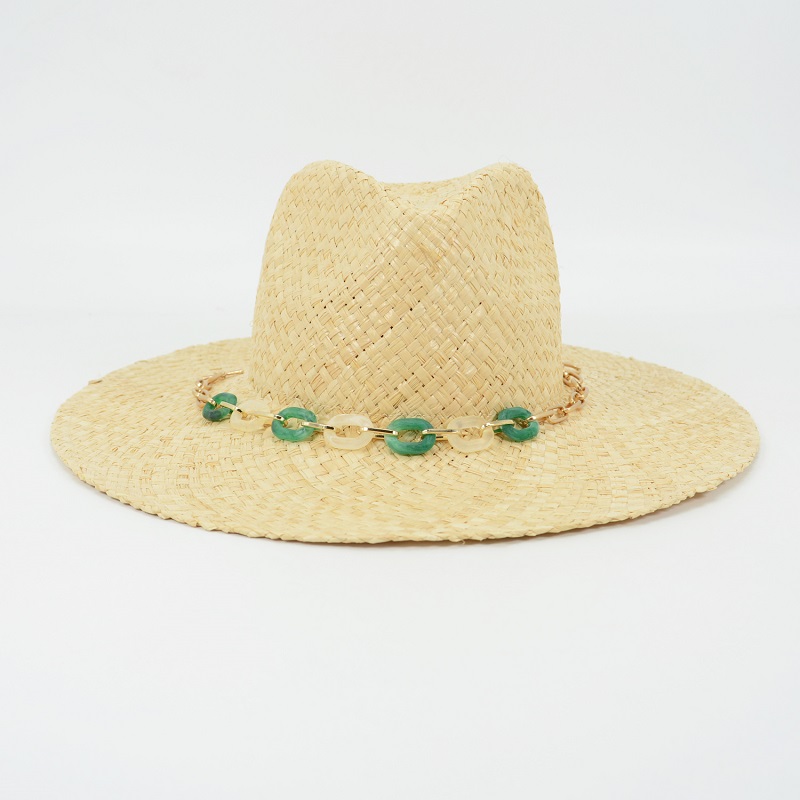 Lightweight Raffia Straw Panama Hat with Gold Chain Trimming