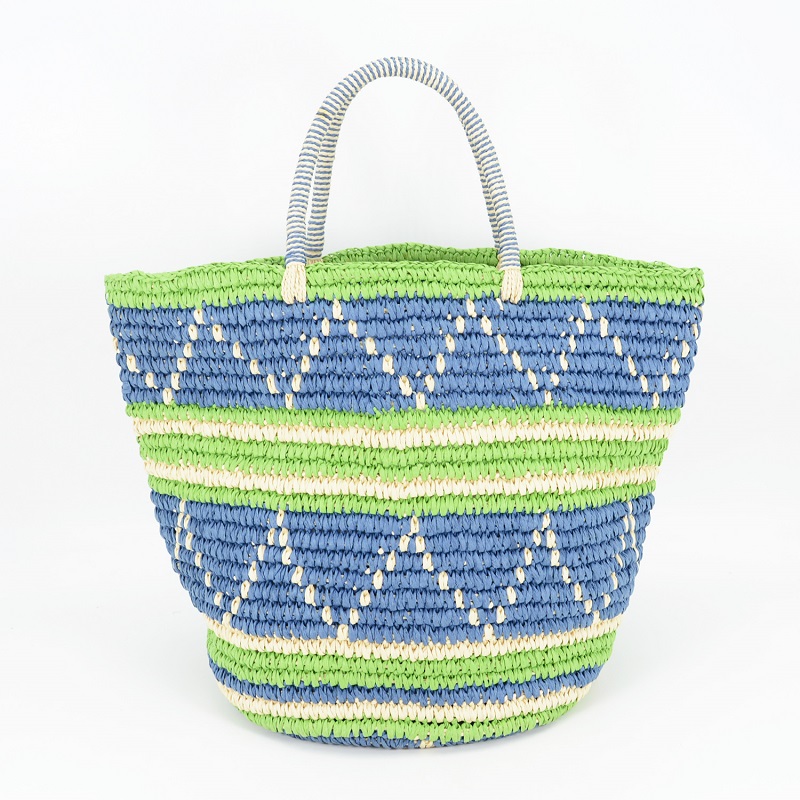 Striped woven straw basket handbag