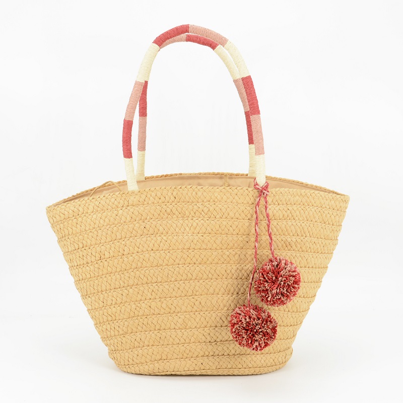 Straw Tote Bag with pom poms tassels