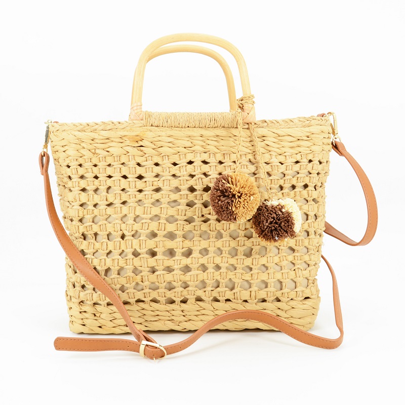 Wooden Handle Straw Shopping Tote Bag