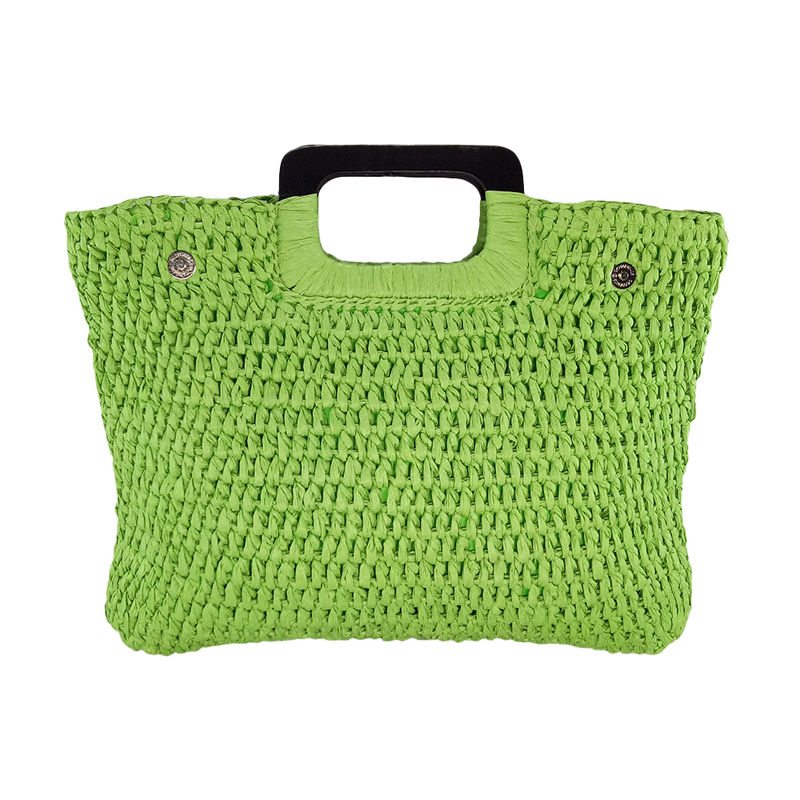Wood handle straw handbag - Green