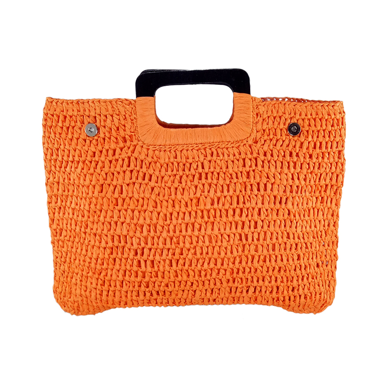 Wood handle straw handbag - Orange