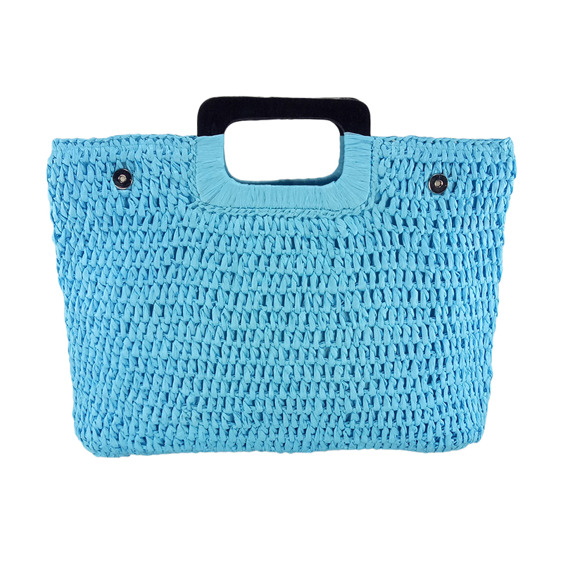 Wood handle straw handbag - Sky Blue and Yellow