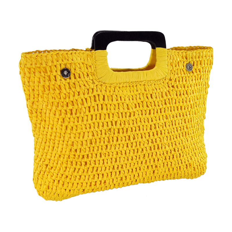 Wood handle straw handbag - Sky Blue and Yellow