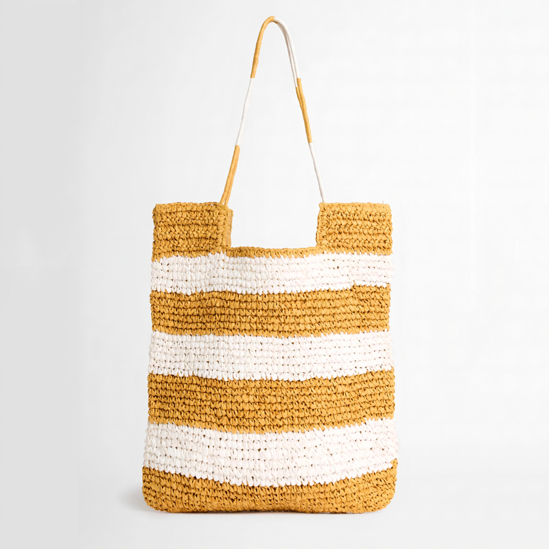 White And Tan Striped Straw Tote