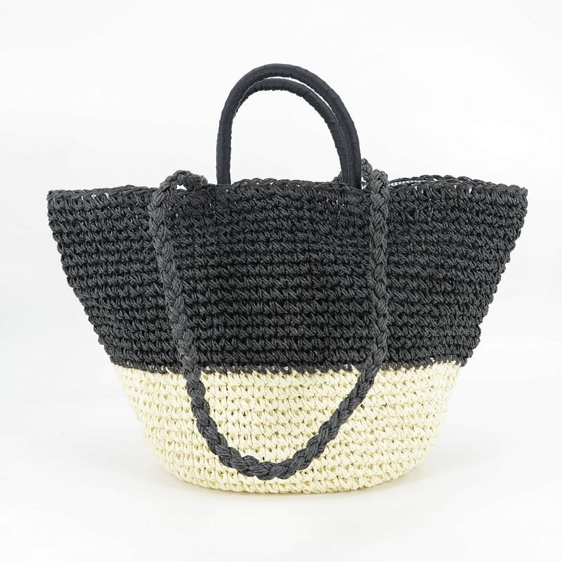 Black and White Striped Straw Tote