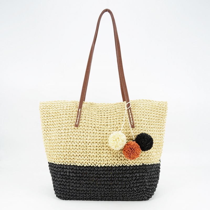 Black and White Striped Straw Tote with Pom Poms