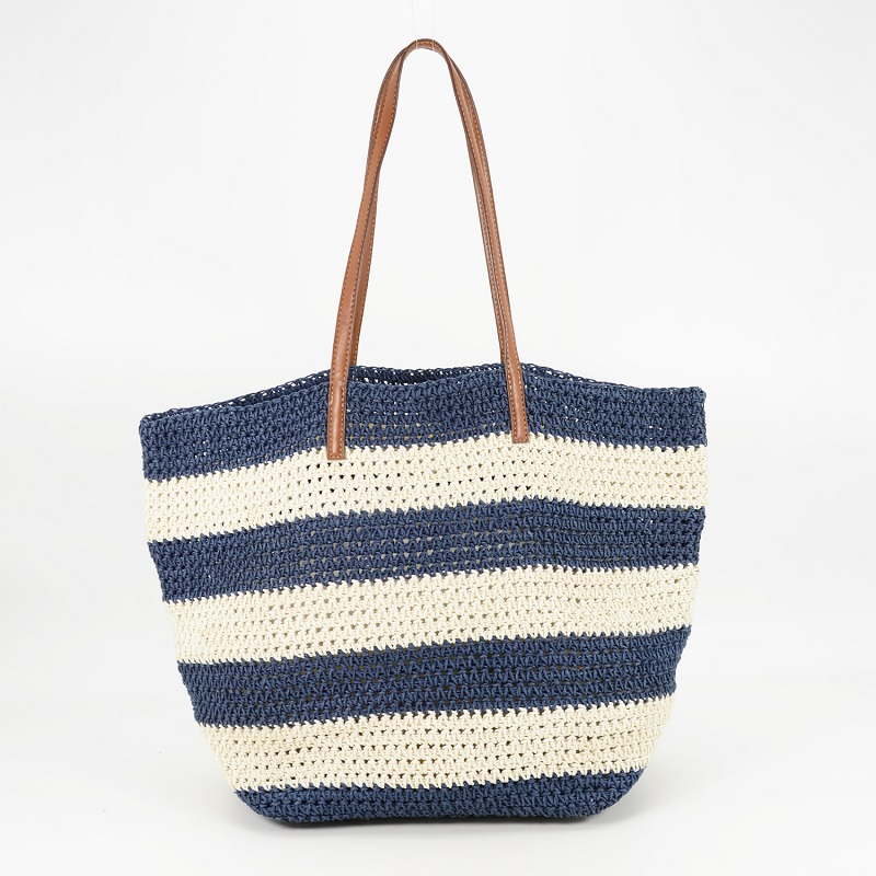 Navy and White Striped Straw Tote